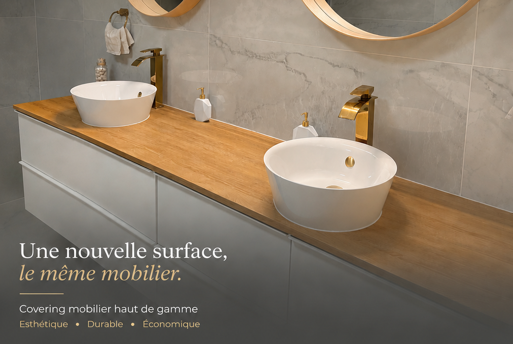 Meuble de salle de bain après rénovation par covering — habillage de surfaces sans remplacement, BDV Cover Belgique